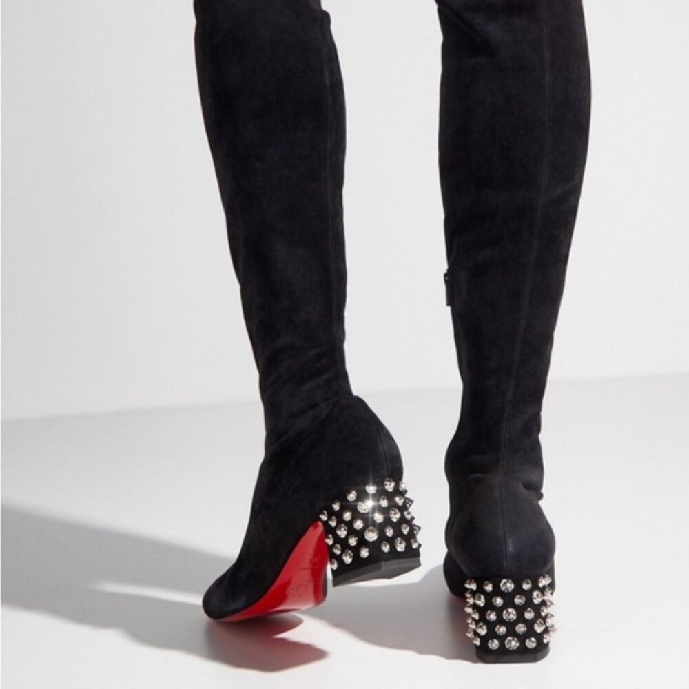 Christian Louboutin Black Over the Knee Boots Chunky Heel Metallic Studs